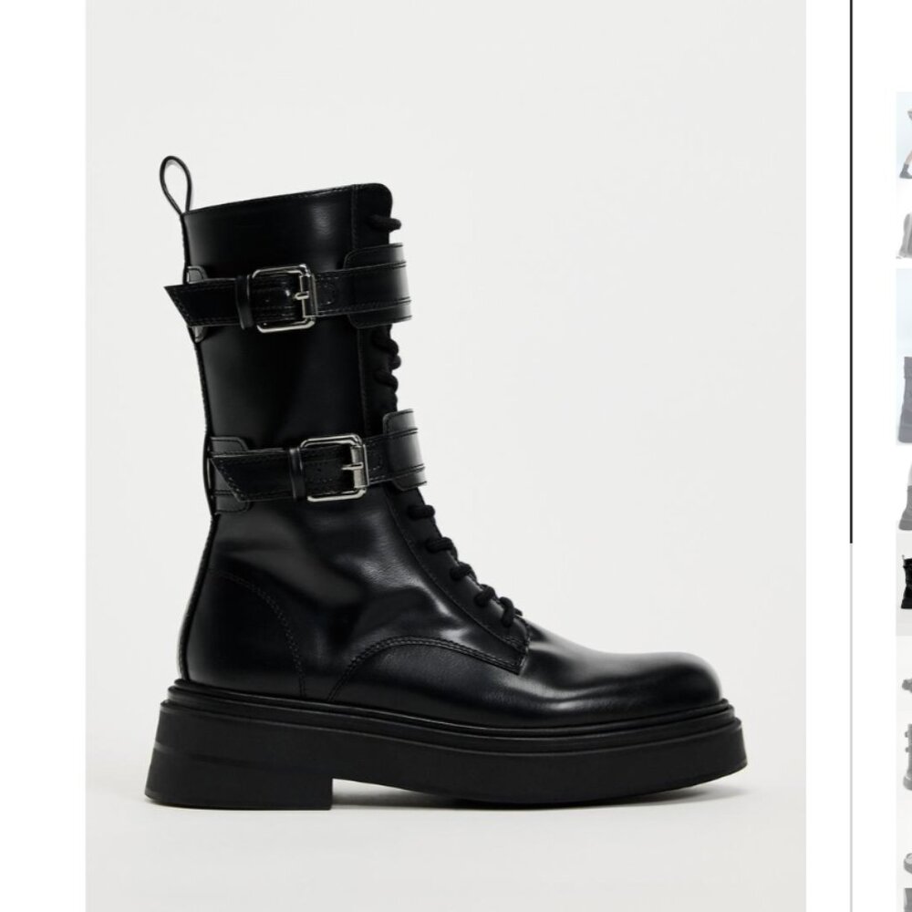 Zara Black Lace-Up Combat Boots with Double Buckle Straps